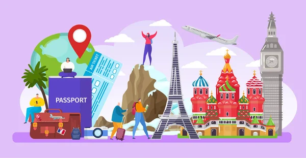 Turista personas viajan alrededor del mundo vector de ilustración, dibujos animados activa plana diminuta hombre mujer personajes que viajan en turismo tour — Vector de stock