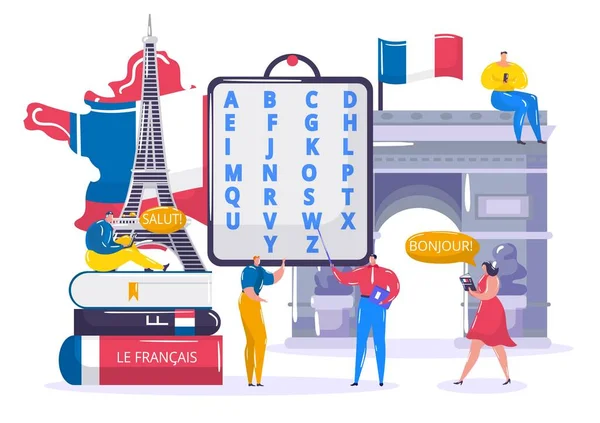 Благодаря векторной иллюстрации на французском языке, карикатурные крошечные ученики учатся понимать французский язык в школе, технологии образования — стоковый вектор