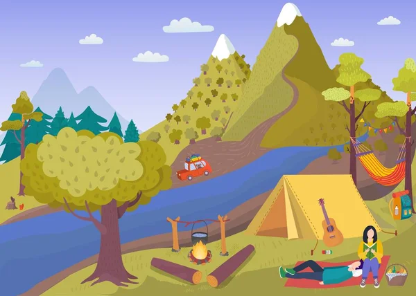 Кемпинг пикник в летнем лесу векторная иллюстрация, мультфильм люди проводят время в туристическом лагере с палаткой у костра, приготовление пищи — стоковый вектор