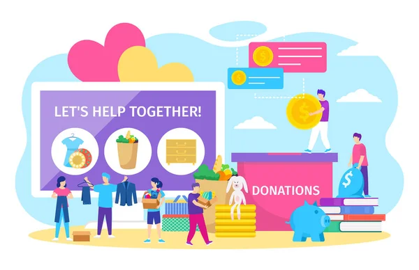 Donaciones de caridad vector ilustración, dibujos animados personas pequeñas donar caja llena de ropa o juguetes, monedas en alcancía aislado en blanco — Vector de stock