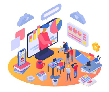 Isometric eğitim kursu vektör illüstrasyonu, karikatür 3d eğitici karakter öğrencilere eğitim veriyor, video uygulaması kullanıyor, çevrimiçi eğitim