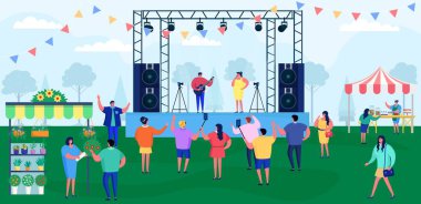 Müzik festivali vektör illüstrasyonundaki çizgi film insanları, festivale katılan düz karakterler konser arka planında eğleniyor