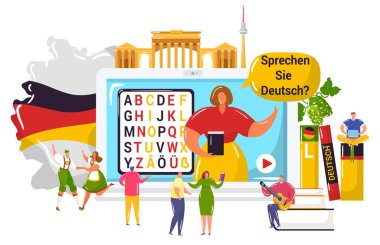 Fransızca dil vektör ilüstrasyonunu öğrenirken, çizgi film düz minicik öğrenci insanlar bilgisayar video uygulaması kullanarak Almanca anlamayı öğrenirler.