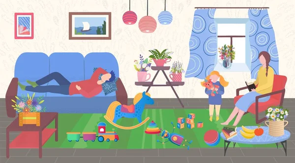 Ilustrasi keluarga di vektor rumah, bacaan ibu rata kartun, bermain anak, ayah tidur di sofa di interior rumah dengan tanaman rumah - Stok Vektor