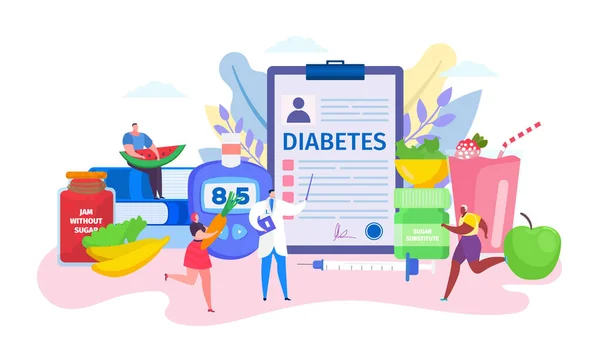 Diabetes concept vector illustratie, cartoon platte arts karakter adviseren van kleine patiënten in een gezonde levensstijl icoon geïsoleerd op wit — Stockvector