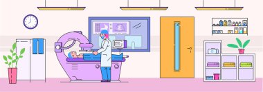 Doktor MR, vektör illüstrasyonunu, karikatür düz çizgi erkek hasta karakterini MR taramasında, teşhis edici sağlık ilaçlarında inceliyor.