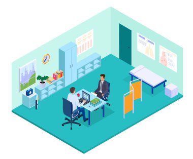 Isometric doktor ofis vektör çizimi, masada oturan üç boyutlu hekim karakter, hastane kabinesinde çalışan hastaya danışmanlık yapıyor.