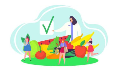 Ekolojik sağlıklı beslenme konsepti vektör illüstrasyonu, çizgi film yassı kadın doktor karakteri, küçük insanlara beyazlar üzerinde izole edilmiş taze yiyecekler yemelerini tavsiye ediyor.