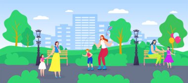 Aile zamanı, aktif anne-kız vektör çizimi, çizgi film düz kadın ebeveyn karakteri çocuklu iyi eğlenceler.