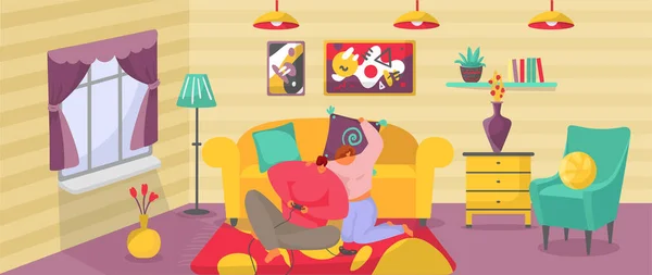 Pareja casa actividad vector ilustración, dibujos animados plana activa hombre mujer personajes se divierten juntos, jugando videojuegos en la sala de estar — Archivo Imágenes Vectoriales