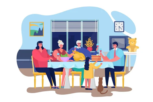 Família jantar vetor ilustração, desenhos animados plana pessoas felizes jantando juntos na sala de estar casa interior, ação de graças comemorando jantar — Vetor de Stock