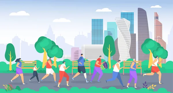 Le persone corrono nel parco illustrazione vettoriale, personaggi sportivi di gruppo piatto cartone animato in esecuzione insieme, famiglia attiva o amici maratona di jogging — Vettoriale Stock