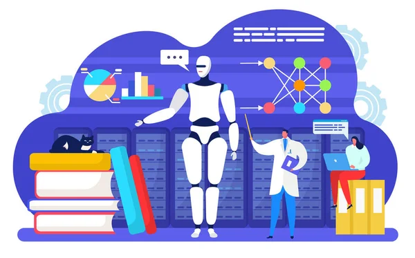 Artificial intelligent machine learning vector illustration, cartoon flat tiny scientist character teaching digital robot brain intelligence — Stock Vector