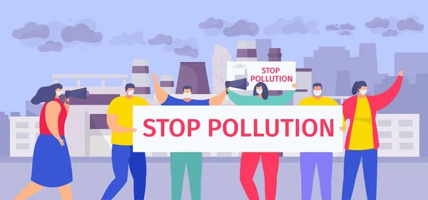 Detener la contaminación vector ilustración, dibujos animados personas planas en máscaras que sostienen señal de contaminación del aire de parada, de pie sobre el fondo urbano de la calle — Archivo Imágenes Vectoriales