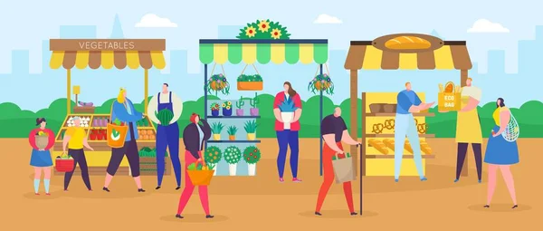 Ilustración del vector de la tienda de la calle, gente plana de dibujos animados que compra con el bolso del comprador, comprando comida o flores, fondo justo — Vector de stock