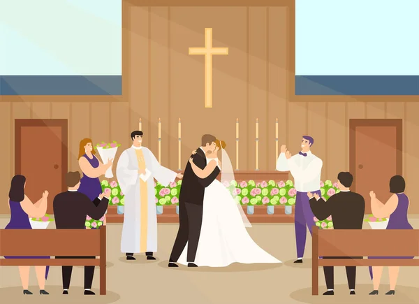 Wedding ceremony in church vector illustration, cartoon happy couple characters getting married and kissing in chapel interior background — Stock Vector