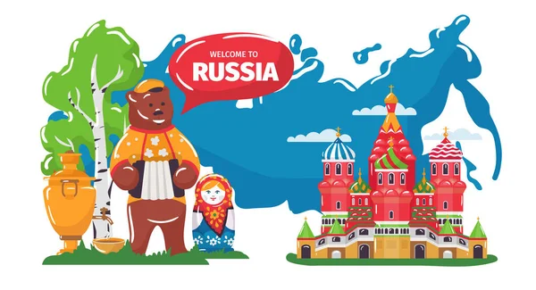 Bem-vindo à cultura da Rússia ilustração vetorial, desenho animado plana símbolo cultural tradicional russo, conceito de arte popular russa — Vetor de Stock