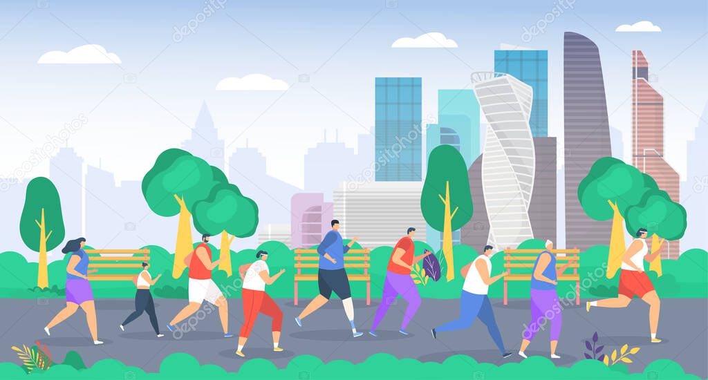 People run in park vector illustration, cartoon flat group sportsman characters running together, active family or friends jogging marathon