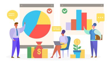 Raporlama istatistiklerinin analizi, insanlar grafiklerin yanında duruyor, vektör düz illüstrasyon.