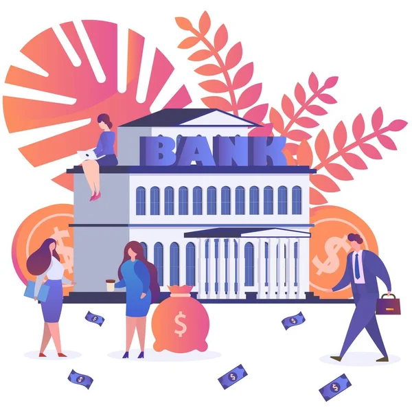 Banca, persone intorno all'edificio, banconote e monete dollari, illustrazione dei cartoni animati vettoriali su sfondo bianco . — Vettoriale Stock