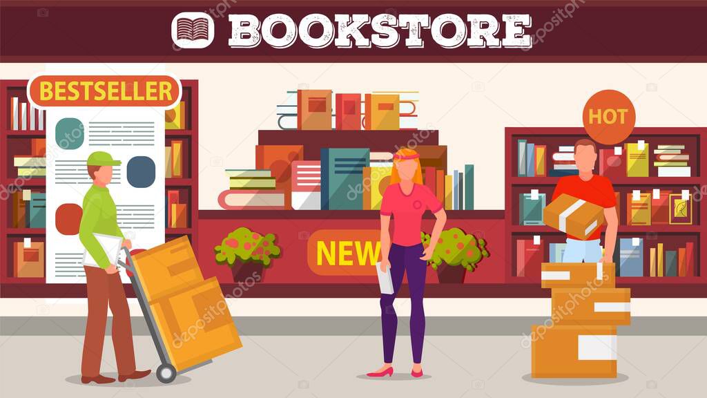 Book delivery to the store, goods reception flat vector illustration.