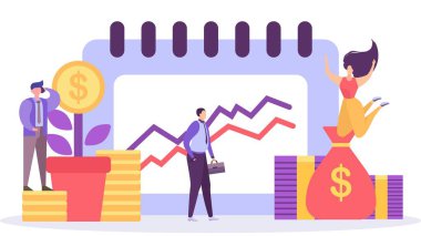İş büyümesi, planlama ve analitik, iş stratejisi, kâr yapmak, insan karakterleri vektör karikatür çizimi.