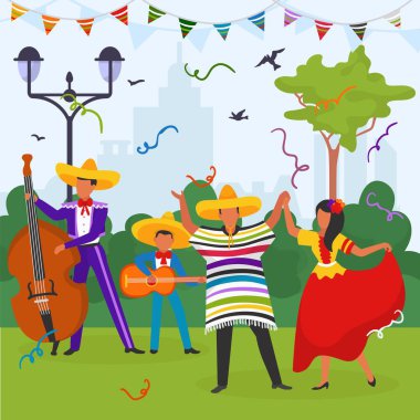 Parktaki Meksika karnavalı, iki Meksikalı gitar çalıyor, bir erkek ve bir kadın ulusal kostümler içinde dans ediyorlar, düz vektör çizimleri.