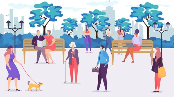 Gente nel parco cittadino illustrazione vettoriale, cartoni animati personaggi piatti a piedi con cane nel parco urbano paesaggio urbano, amici o coppie di relax — Vettoriale Stock