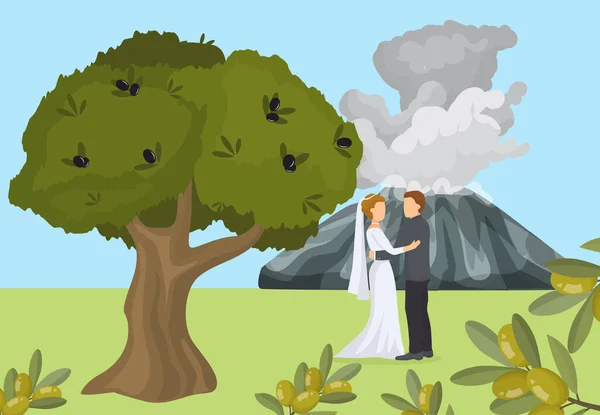 Sevgili Yunan kadın, erkek çifti ağaç düz vektör çizimi altında evleniyor. Doğal dağ manzarası, volkan arkaplanı. — Stok Vektör