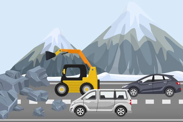 Rensa spillrorna på motorvägen, byggnadsutrustning ta bort sten från vägen, platt vektor illustration. Par bilar alpin vinter trafikstockning. — Stock vektor
