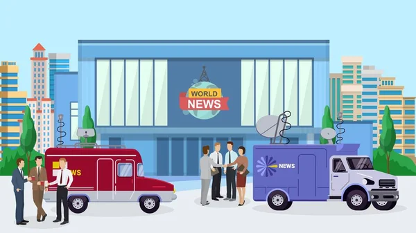 World News Building, reporter in piedi vicino TV auto, camion vettoriale piatto illustrazione. Progettazione intervistatore reparto informazioni televisive . — Vettoriale Stock