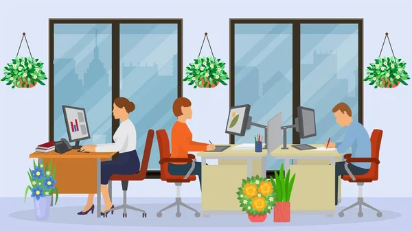 Üzleti iroda iroda, karakter férfi és nő ül együtt dolgozó szekrény, lapos vektor illusztráció. Design tökéletes munkahely. — Stock Vector