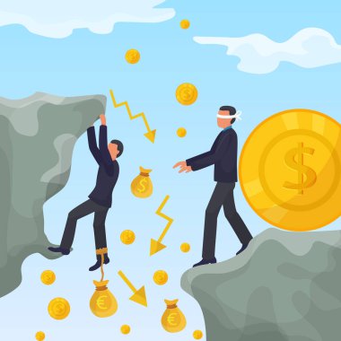 Yatırımcı erkek karakter finansal piyasaya düştü, küresel para krizi düz vektör çizimi. Parasal dünya akışı.