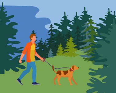 İnsanlar vahşi doğada köpek gezdiriyorlar doğal park düz vektör çizimi. Erkek karakter istirahatı çevre temiz bahçe, orman yeri.
