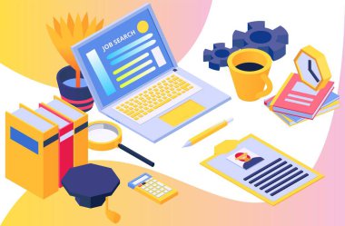 İnsan kaynaklarını araştır, konsept iş araması, izometrik vektör çizimi. Tasarım işi, dizüstü bilgisayar işi, insan kaynakları işi ve işyeri.