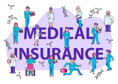Tıbbi sigorta konsepti afişi beyaz, düz vektör illüstrasyonuna izole edilmiş. Küçük karakterli kadın doktor hastayı kurtardı..