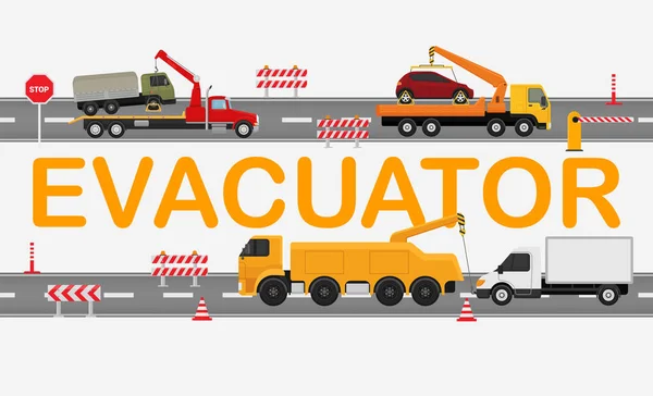 Evakuátor silniční technické, pracovní stroj truck izolované na bílém, ploché vektorové ilustrace. Dálniční zácpa, odtahový vůz převážejí rozbité auto. — Stockový vektor