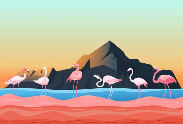 Animal flamingo place, natural lands flat vector illustration. Красивая птица стенд мелководная река, скальные горы фон . — стоковый вектор