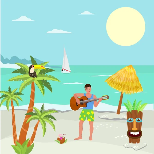 캐릭터 남성은 열 대 해변, 납작 한 벡터 일러스트에서 기타를 연주 한다. 기타 연주자들은 아프리카의해 변, 자연 경관 및 요트에서 있다. — 스톡 벡터