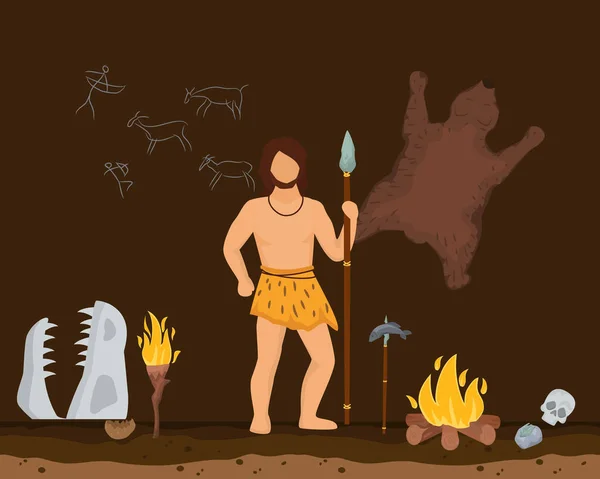 İlkel erkek, vahşi yaşam, antik zaman düz vektör illüstrasyonları. Tarih öncesi mızraklı eski mağara adamı. — Stok Vektör