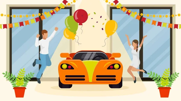 Giovane coppia bella famiglia acquistare auto nuove, personaggio maschio coppia femminile ha vinto veicolo di lusso, illustrazione vettoriale piatta. Sport carro macchina regalo . — Vettoriale Stock