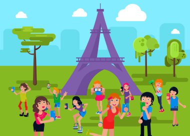 Karakter özçekim Eyfel kulesi, modern sosyal ağ düz vektör çizimi. Seyahat eğlencesi Paris şehri, Avrupa ülkesi.