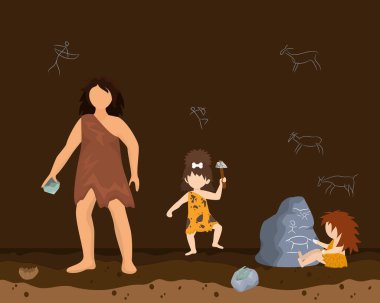 Tarih öncesi kadın karakter erkek ilkel yaş, vahşi yaşam eski zaman düz vektör çizimi. Kadın savunma ailesi.