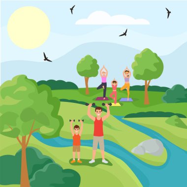 Aile sporu karakteri baba oğul egzersizi kadın yoga orman parkı düz vektör çizimi. Açık hava ulusal bahçesi.