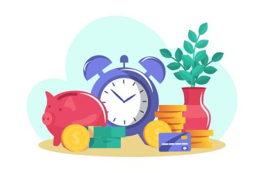 Para biriktir, yığınla altın para, domuz kumbarası, kredi ve banka kartı, beyaz, düz vektör çiziminde izole edilmiş. Dolar nakit finansmanı tasarla.