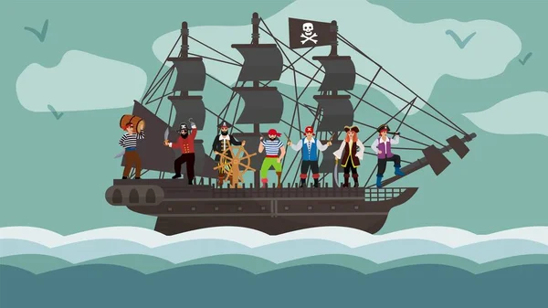 Viaje en equipo barco pirata en barco ilustración vector plano. Caracter raider permanecer en el volante de yate de madera. Robo grupo marítimo bandido . — Vector de stock