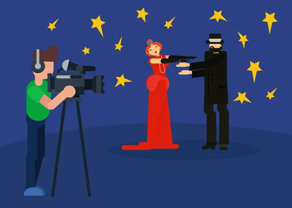 Record tv show, cameraman shoot movie, character male female in red dress actor play role flat vector illustration. Performance human artist.