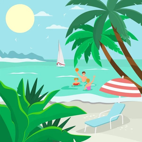 Family sea beach vacation, amicable character father and child play ball ocean flat vector illustration. Тропический отдых на песчаном побережье . — стоковый вектор