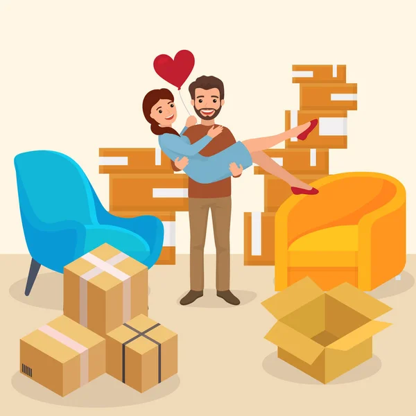 Junge reizende Familie zieht um, romantisches Charakterpaar kauft Haus flach Vektor Illustration. Paketzustellung modernes Paar. — Stockvektor