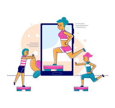 Çevrimiçi spor ve fitness kişisel izolasyon çevrimiçi antrenör web teknolojisi ve insanların konsept çizgisi çizimi. Tablet, bilgisayar veya cep telefonu ve spor eğitmeni spor salonunda çalışıyor
